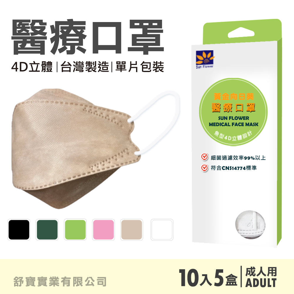 黃金向日葵 魚型醫療口罩 4D立體口罩(10入x5盒)(未滅菌)