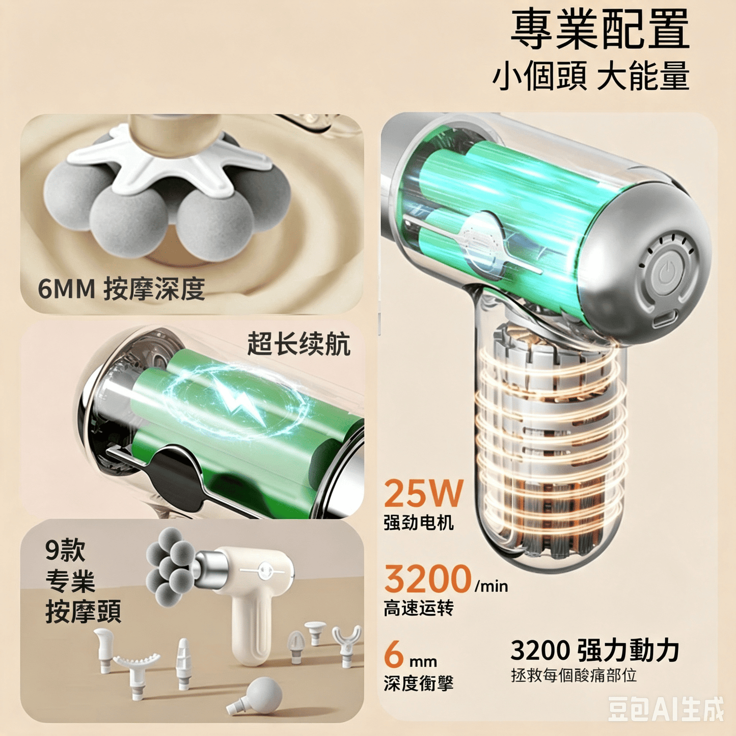 FASCIA GUN 9頭迷你6段式筋膜槍 顏色隨機出貨